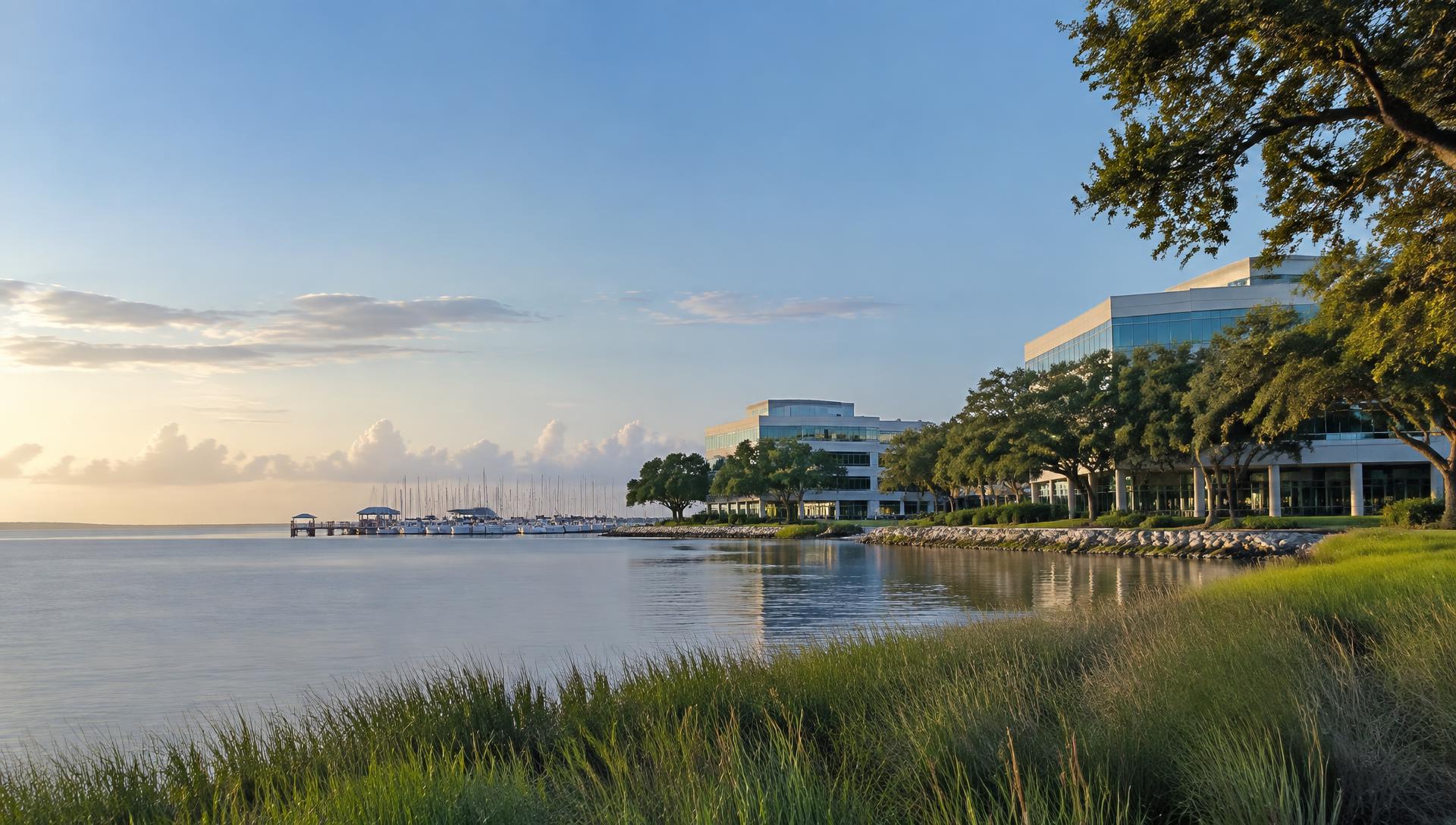 Clear Lake waterfront offices and marina in the Houston Bay Area